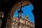 Antique street lantern at Plaza Mayor an 18th century Spanish baroque public square surrounded by shops, restaurants and the town