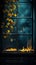 antique style door decorated with gold leaves background wallpaper. Autumn leaves, candles, and flowers.