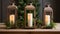 antique-style lanterns adorned with candles and holiday greenery