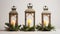 antique-style lanterns adorned with candles and holiday greenery