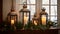 antique-style lanterns adorned with candles and holiday greenery