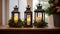 antique-style lanterns adorned with candles and holiday greenery