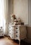 Antique style white chest of drawers in sunlit classic room, created using generative ai technology