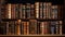 Antique styled books arranged neatly on wooden shelves. Concept of antiquarian books, classic literature, and home