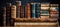 Antique styled books arranged neatly on wooden shelves. Concept of antiquarian books, classic literature, home library