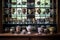 antique teacup collection in a glass display cabinet