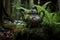 an antique teapot placed on an old mossy stump, surrounded by ferns