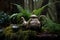 an antique teapot placed on an old mossy stump, surrounded by ferns