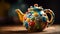 Antique teapot pouring hot drink on ornate pottery table decoration generated by AI