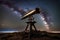 An antique telescope positioned on a hill, trained on a celestial event, distant galaxies and nebulae