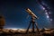 An antique telescope positioned on a hill, trained on a celestial event, distant galaxies and nebulae
