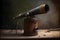 Antique telescope on a wooden table. 3d render illustration.