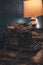 Antique typewriter on vintage desk, Retro lamp lighting the typewriter patina