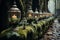 Antique urns stand sentry on a mossy stone barrier under twilight hues