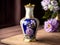 Antique vase printed with purple roses and decorated with gold