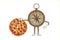 Antique Vintage Brass Compass Cartoon Person Character Mascot with Tasty Pepperoni Pizza. 3d Rendering