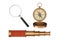 Antique Vintage Brass Compass, Telescope Spyglass and Magnifying Glass. 3d Rendering