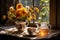 Antique vintage crystal teapot and vase with flowers on sunset windowsill