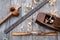 Antique vintage ruler, spokeshave, mortise gauge and block plane