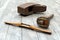 Antique vintage spokeshave, mortise gauge and block plane woodwork tools on weathered wood background