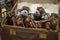 Antique Vintage Toy: Brown Leather Dogs inside a Suitcase