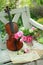 Antique violin, notes and spring bouquet