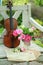 Antique violin, notes and spring bouquet