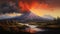 Antique Volcano Painting With Orange Sky And Rain