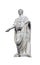 Antique white marble statue of Roman patrician in toga with sumdam in hand on street of Rome in Italy isolated on white background