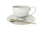 Antique white porcelain cup with gold, gold tea spoon on white. 3D Illustration