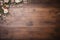 Antique wooden country table with flowers and floral design, wood texture and rustic flatlay background