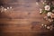 Antique wooden country table with flowers and floral design, wood texture and rustic flatlay background