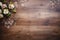 Antique wooden country table with flowers and floral design, wood texture and rustic flatlay background