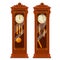 Antique wooden grandfather clock with broken glass isolated on white background. Vector cartoon close-up illustration.