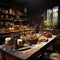 An antique wooden table in a rustic farmhouse kitchen.