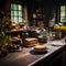 An antique wooden table in a rustic farmhouse kitchen