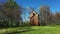 Antique wooden windmill aerial first-person view