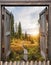 Antique wooden windows open to autumn wilderness at sunrise