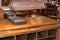 Antique wooden writing desk with lamp, key lock and compartments