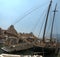 Antique yacht moored by the town centre of Malcesine, Lake Garda