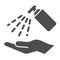 Antiseptic alcohol spray solid icon. Clean hand with hygienic gel glyph style pictogram on white background. Sanitize to
