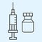 Antivirus injection thin line icon. Pandemic ampoule vaccine with syringe outline style pictogram on white background