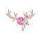 Antlers with flowering plants, hand drawn floral composition with deer horns vector Illustration on a white background