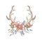 Antlers with a wreath of flowers, hand drawn floral composition with deer horns vector Illustration on a white
