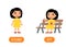 Antonyms concept, STAND and SIT. Educational flash card with little child template