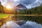 Antorno lake with famous Tre Cime di Lavaredo (Drei Zinnen) mount. Dolomite Alps, Province of Belluno, Italy, Europe. Beauty of n