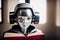 An antropomothic robot android reading a book, concept of machine learning. AI generative