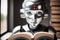 An antropomothic robot android reading a book, concept of machine learning. AI generative