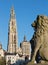 Antwerp - cathedral of Our Lady with the lion statue and Suikerrui street