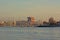 Antwerp skyline from across river Scheldt, in warm evening light